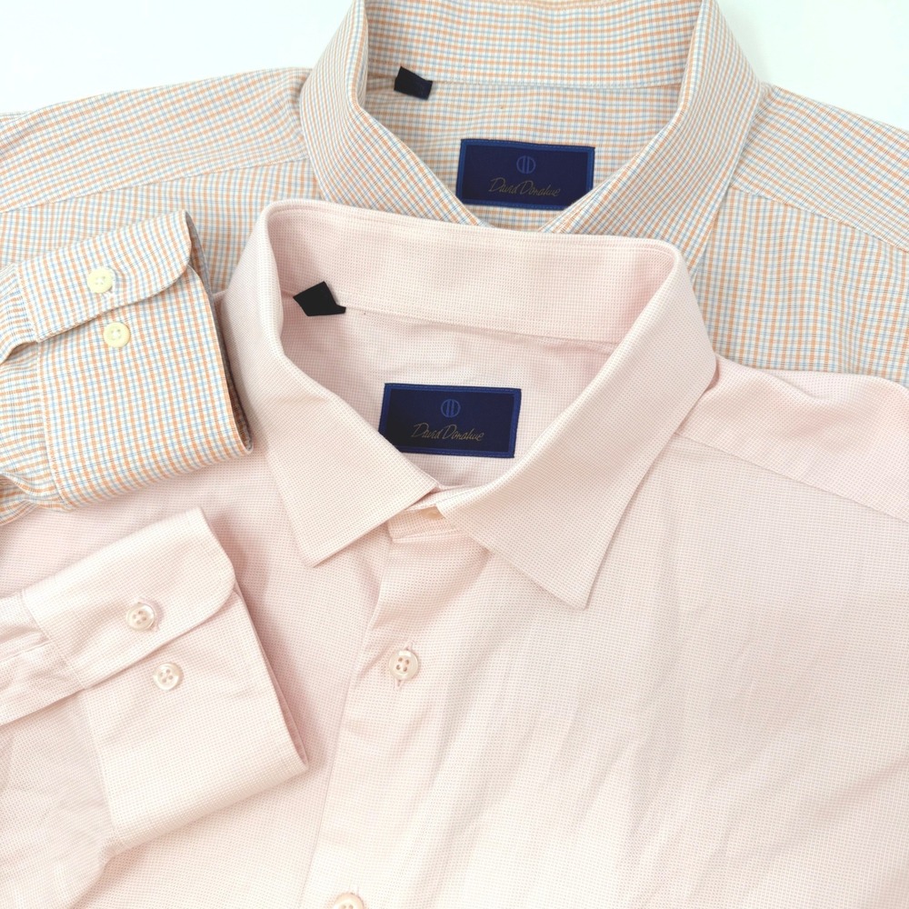David Donahue Mens‎ 18 34/35 Lot of 2 Dress Shirts Pink Orange Blue Cotton